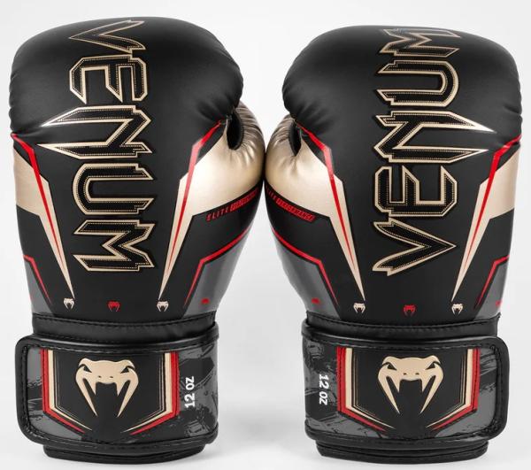 Boxerské rukavice VENUM Elite Evo Black-Gold-Red stejně