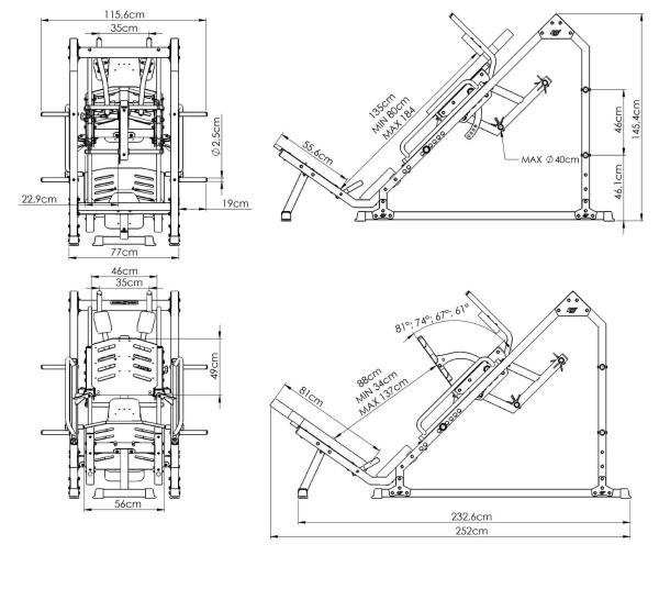 Posilňovací stroj na činky MARBO MS-U106 2.0 legpress + hack squat rozměry