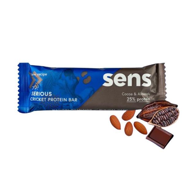 SENS Proteinová tyčinka Serious Protein se cvrččí moukou 50 g Kakao & Mandle_