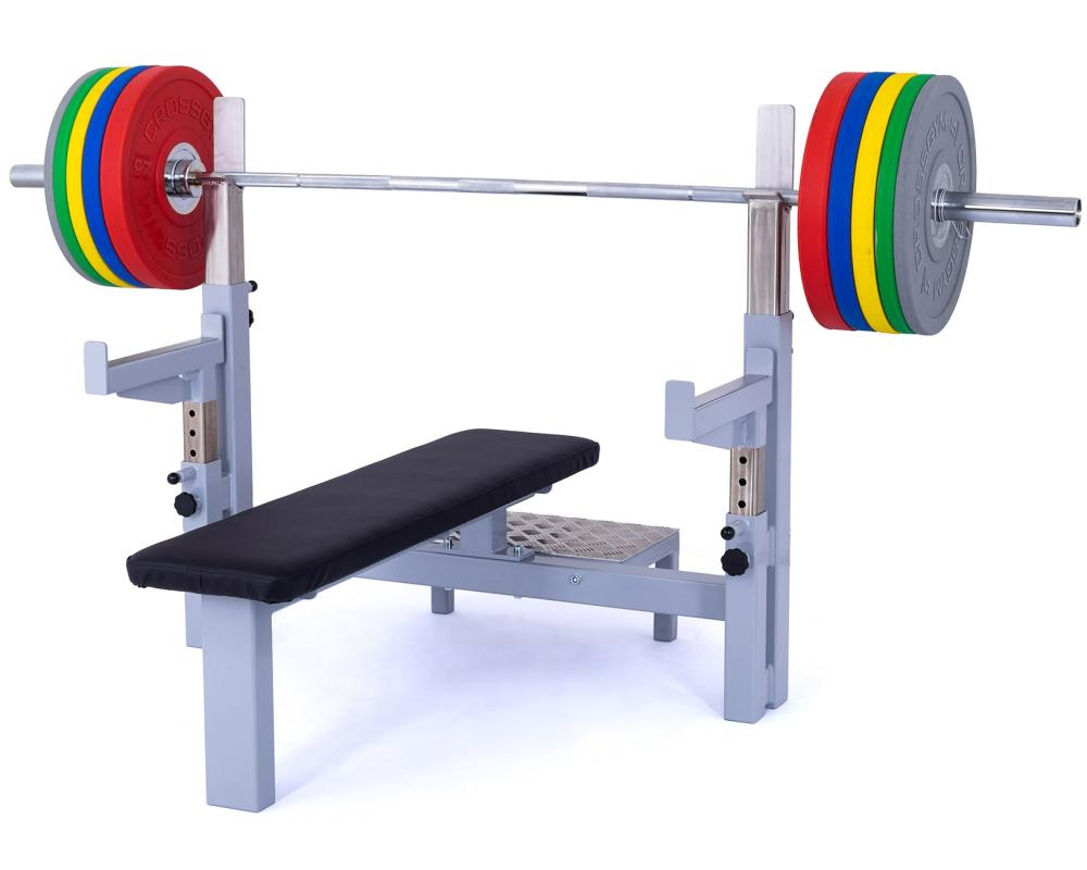 Posilňovacie lavice bench press FITHAM Benchpress s výsuvnými stojany čelně mírně